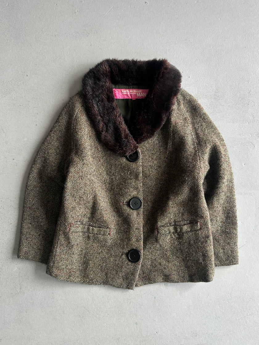 JUNYA WATANABE COMME DES GARÇONS MAN - A/W 2004 FUR COLLAR TWEED BLAZER WITH OVERSIZED BUTTONS
