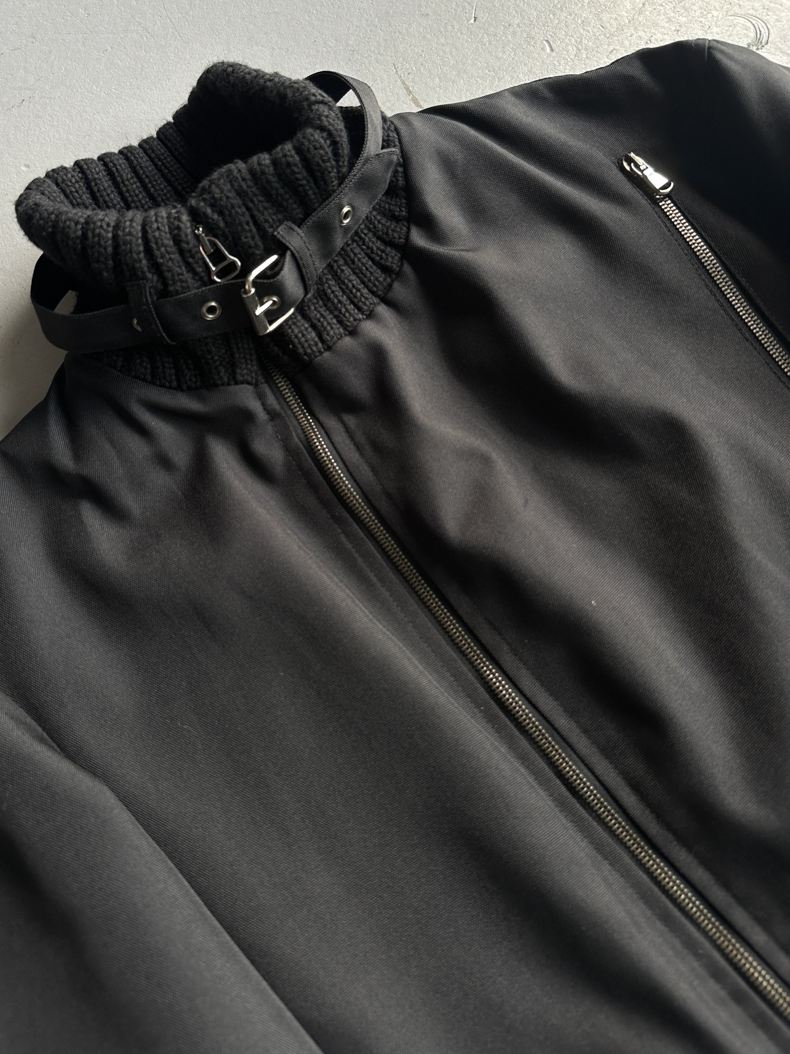 DANIELE ALESSANDRINI - 2000s RIBBED KNIT BELTED NECK COLLAR TECHNICAL JACKET WITH ASYMMETRICAL ZIP FRONT