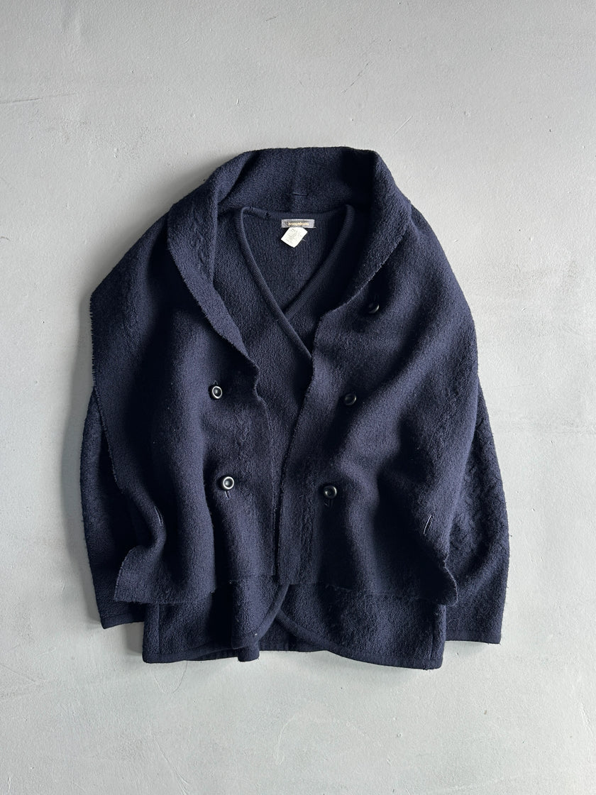ISSEY MIYAKE - 1980s DOUBLE BREASTED WOOL CARDIGAN WITH SCARF/HOODIE