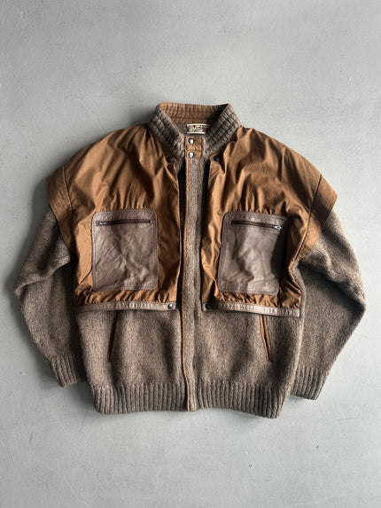 1980s CHUNKY KNIT PANELED JACKET WITH OVERSIZED LEATHER POCKETS