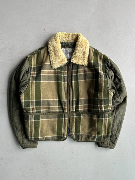 GIANFRANCO FERRÉ - 1980s FUR COLLAR PLAID JACKET WITH CONTRASTING NYLON SLEEVE
