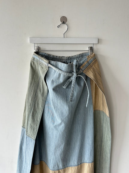 ISSEY MIYAKE HAI - 1980s PATCHWORK DENIM MAXI WRAP SKIRT