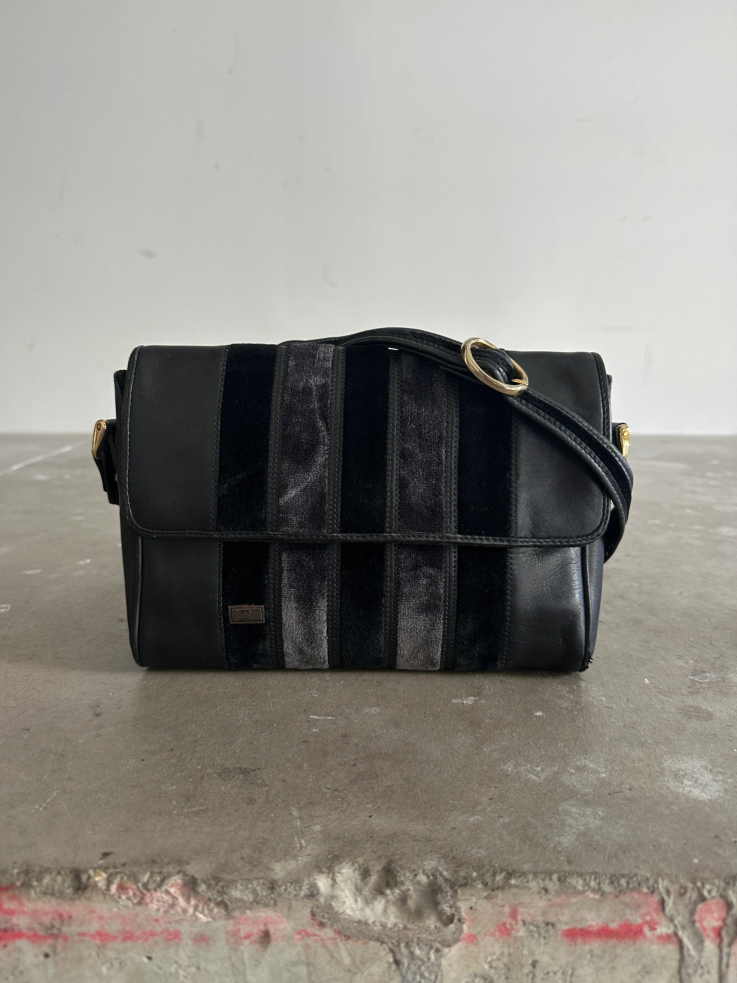 1970s LEATHER MESSENGER BAG WITH VELVET STRIPE DETAILS