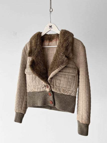 ARMANI – 1980s SAMPLE QUILTED JACKET & PANTS SET WITH FAUX FUR COLLAR