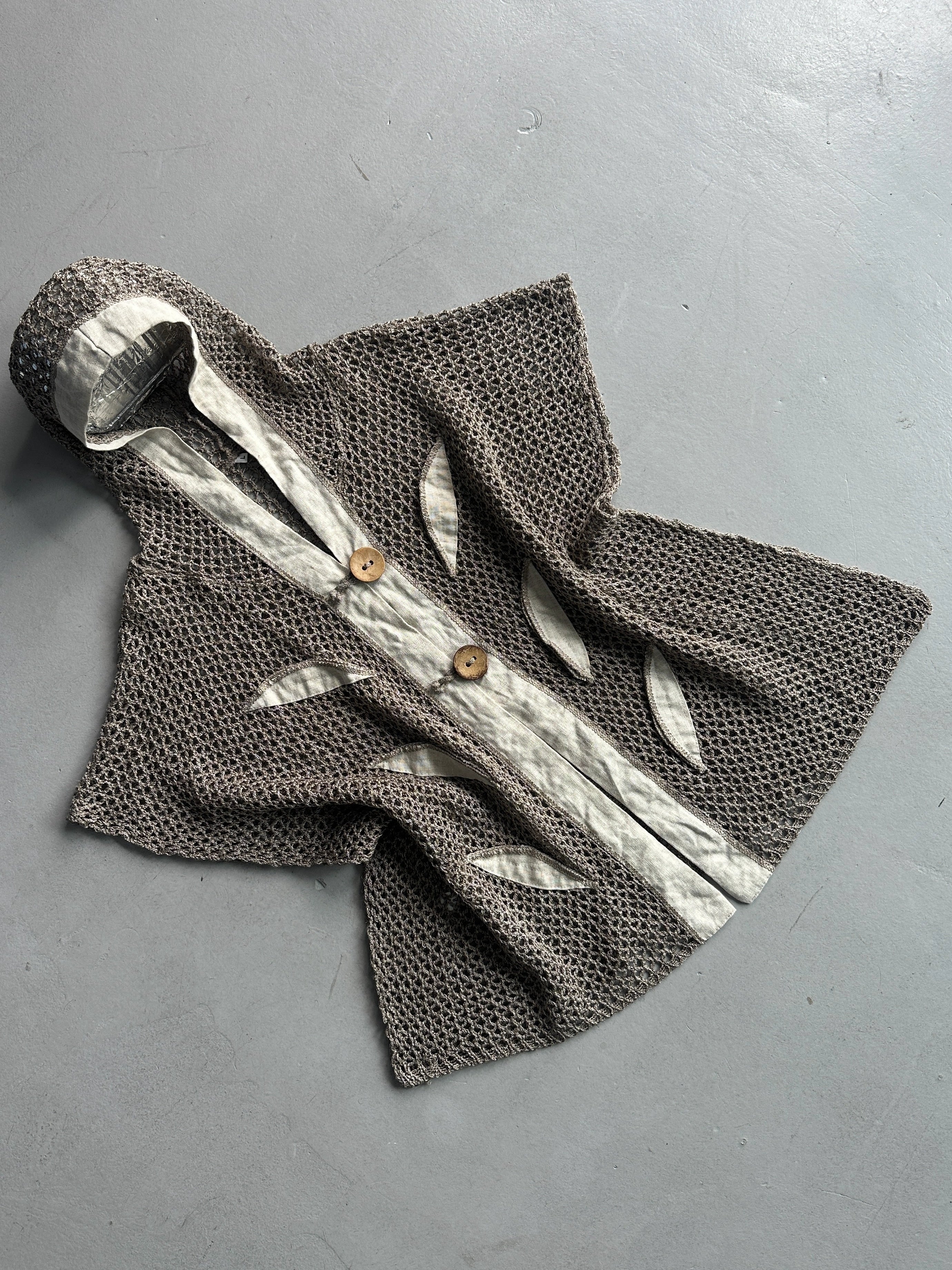 1990s OPEN KNIT HOODED CARDIGAN WITH LINEN DETAILS