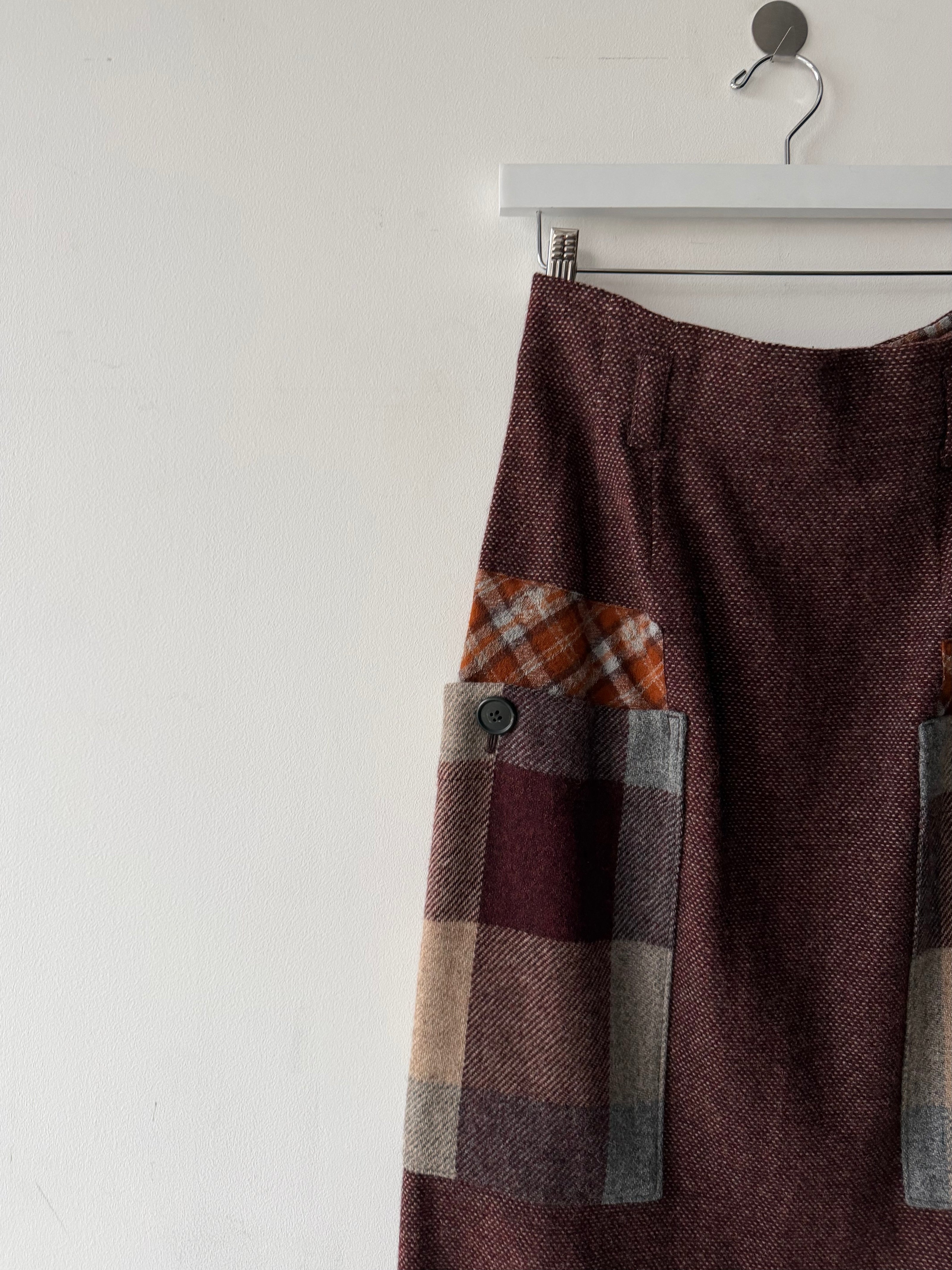 ISSEY MIYAKE HAI - 1980s MAXI WOOL SKIRT WITH CONTRASTING PLAID OVERSIZED POCKETS