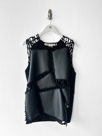 COMME DES GARÇONS - F/W 2024 DECONSTRUCTED CROCHET VEST TOP WITH FAUX LEATHER APPLIQUÉS