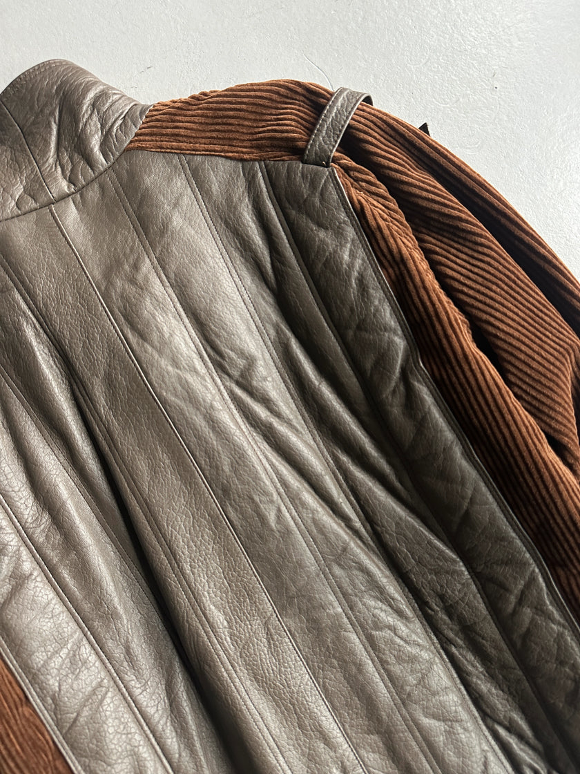 1980s OVERSIZED LEATHER BOMBER JACKET WITH CORDUROY SLEEVE