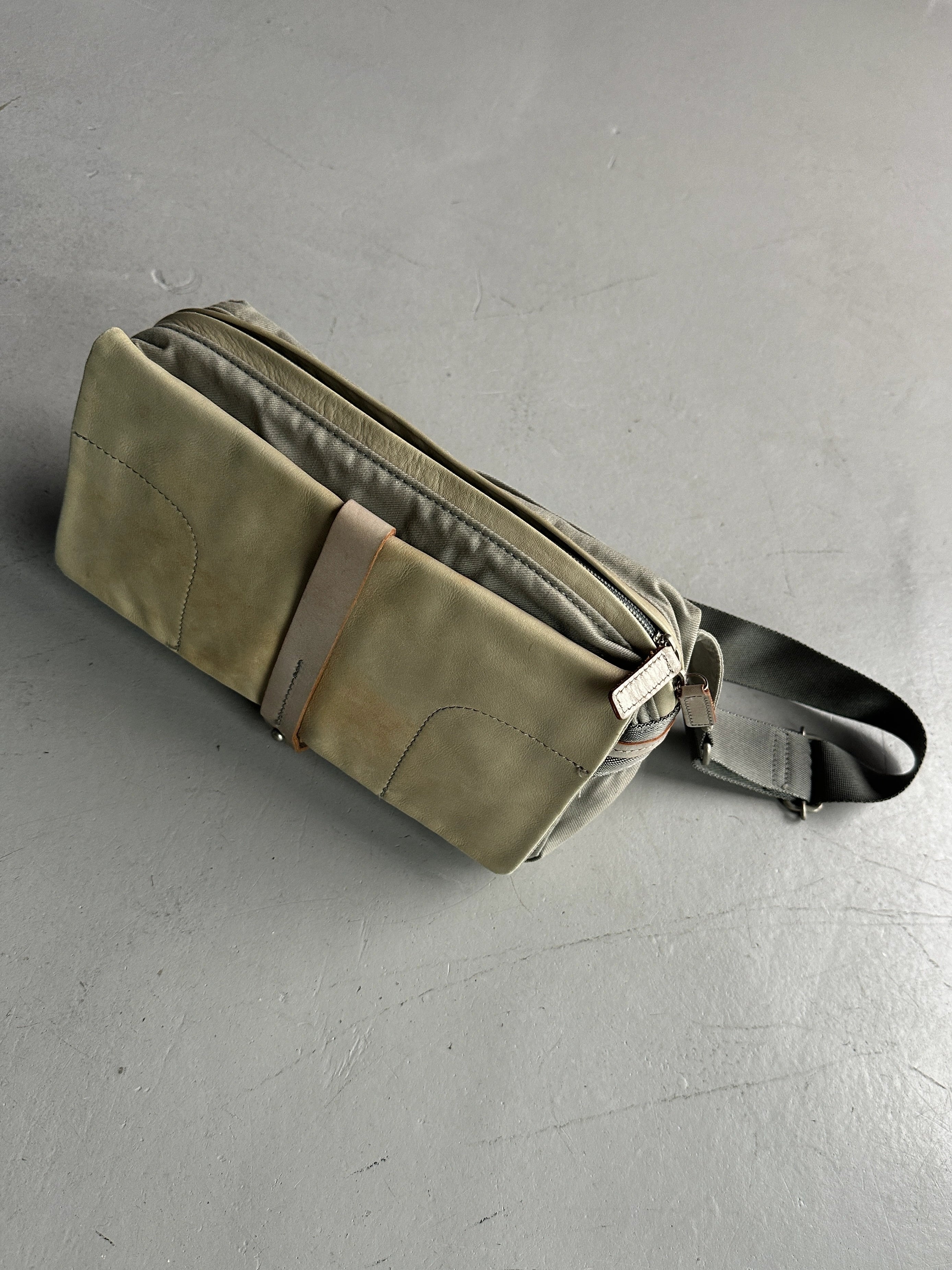 YOHJI YAMAMOTO Y'SACCS - 1990s RECTANGULAR BUM BAG WITH DISTRESSED LEATHER FRONT PANEL