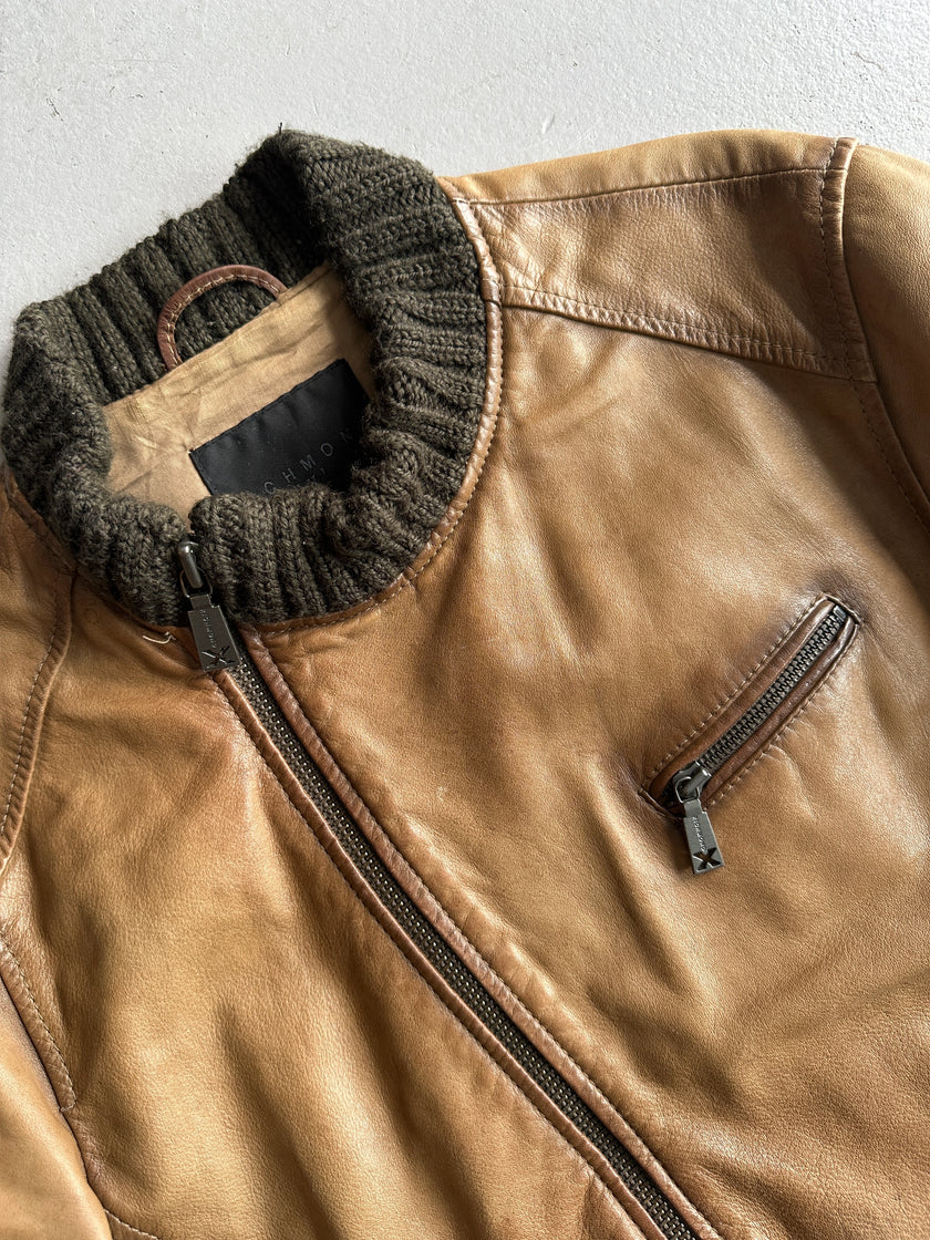 JOHN RICHMOND X - F/W 2005 LEATHER BIKER JACKET WITH KNITTED COLLAR