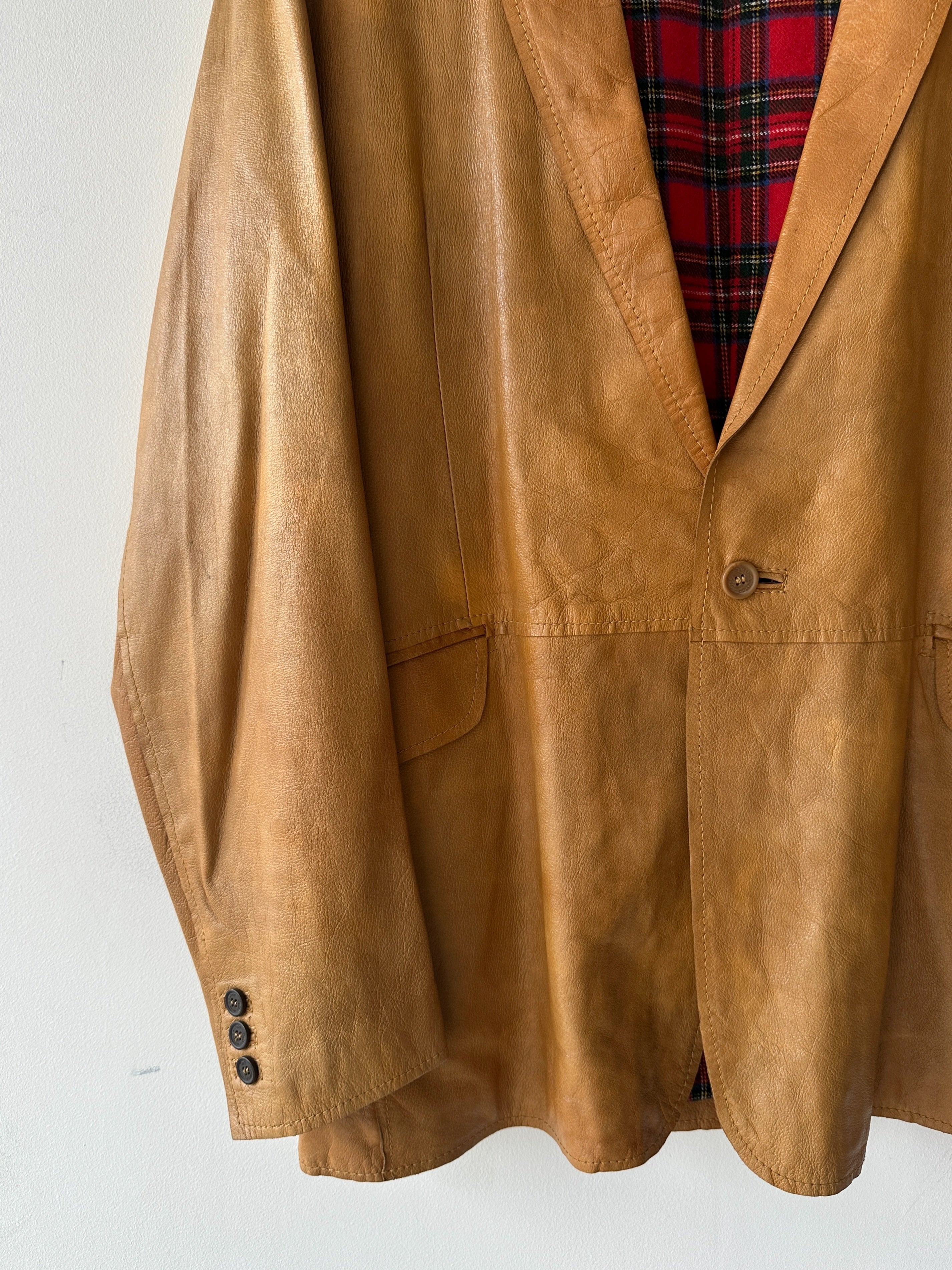 DOLCE & GABBANA - early 2000s DISTRESSED LEATHER BLAZER WITH TARTAN LINING