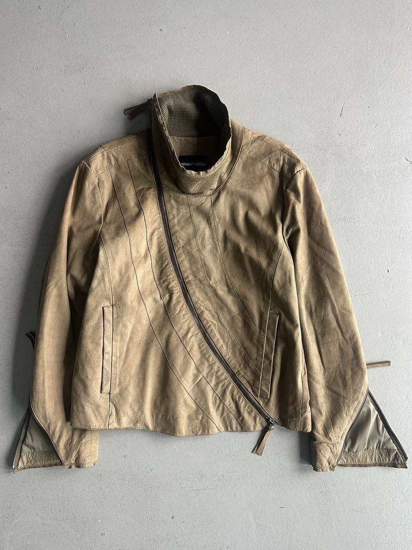 EMPORIO ARMANI - A/W 2011 ASYMMETRICAL ZIP FUNNEL NECK COLLAR CALF LEATHER JACKET