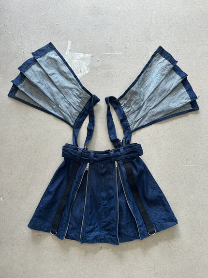 1990s DOUBLE FLAPPY LAYERED BONDAGE MULTI ZIP DENIM SKIRT