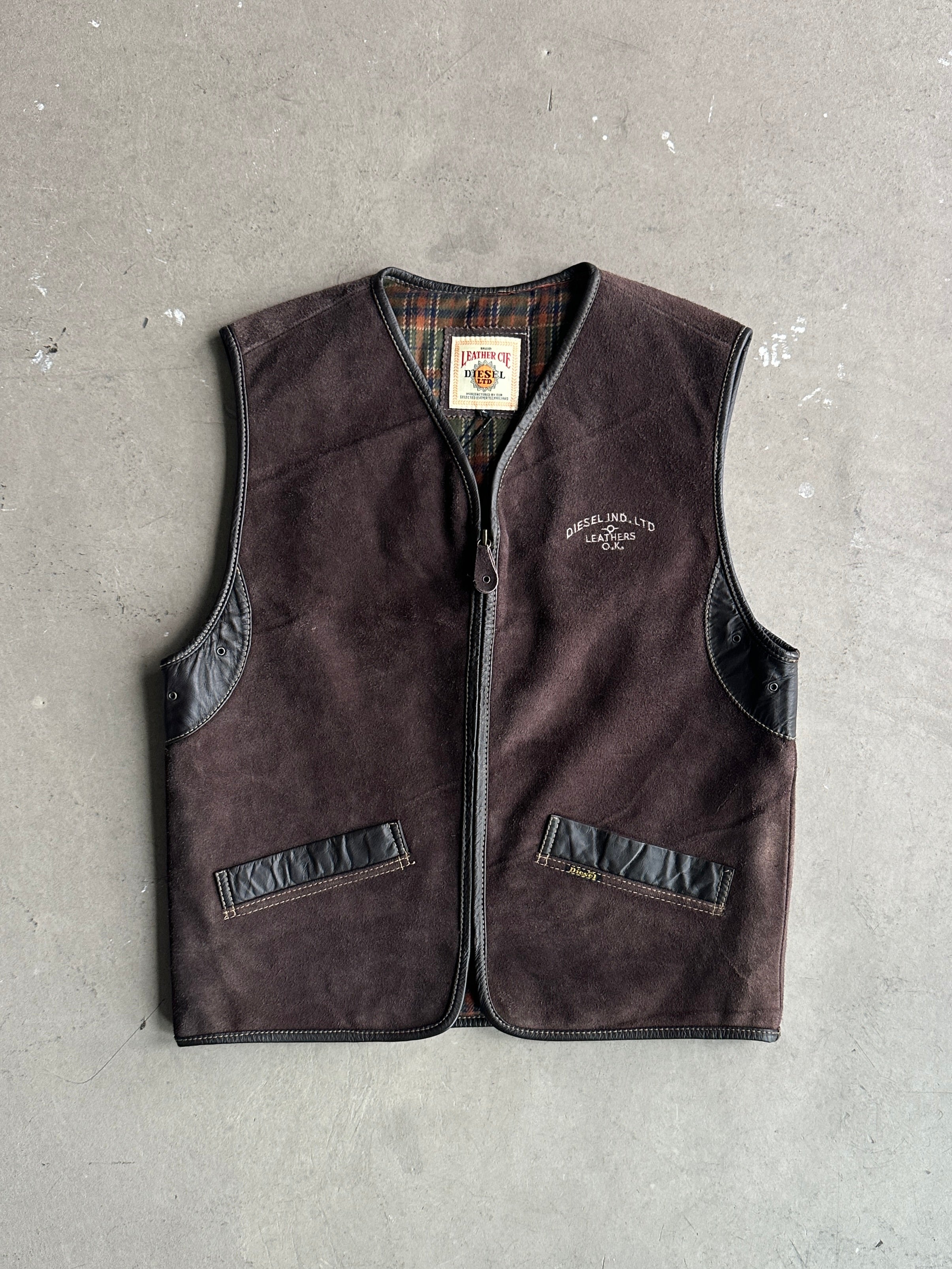 DIESEL - 1990s LEATHER ZIPPED VEST GILET JACKET