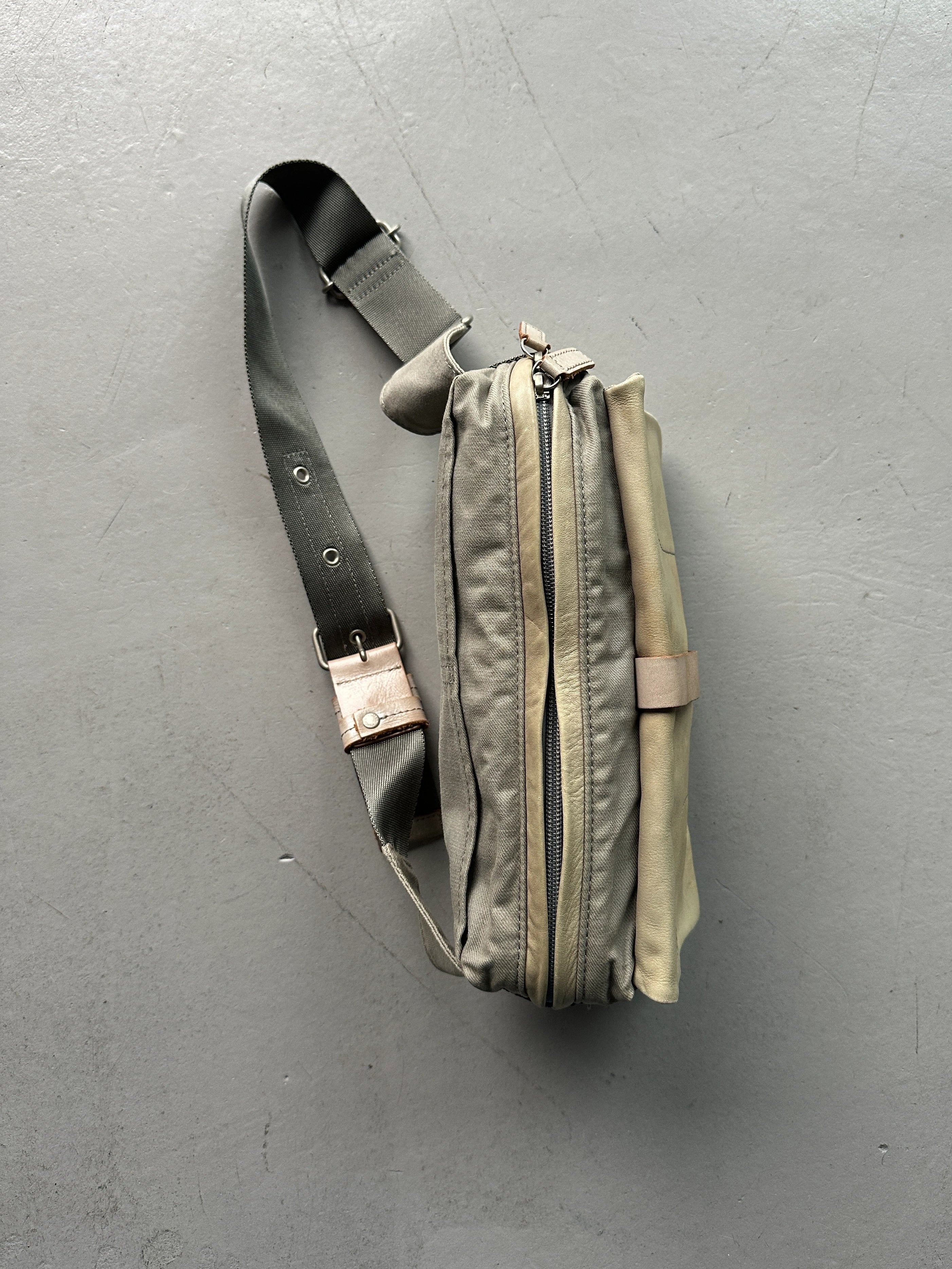 YOHJI YAMAMOTO Y'SACCS - 1990s RECTANGULAR BUM BAG WITH DISTRESSED LEATHER FRONT PANEL