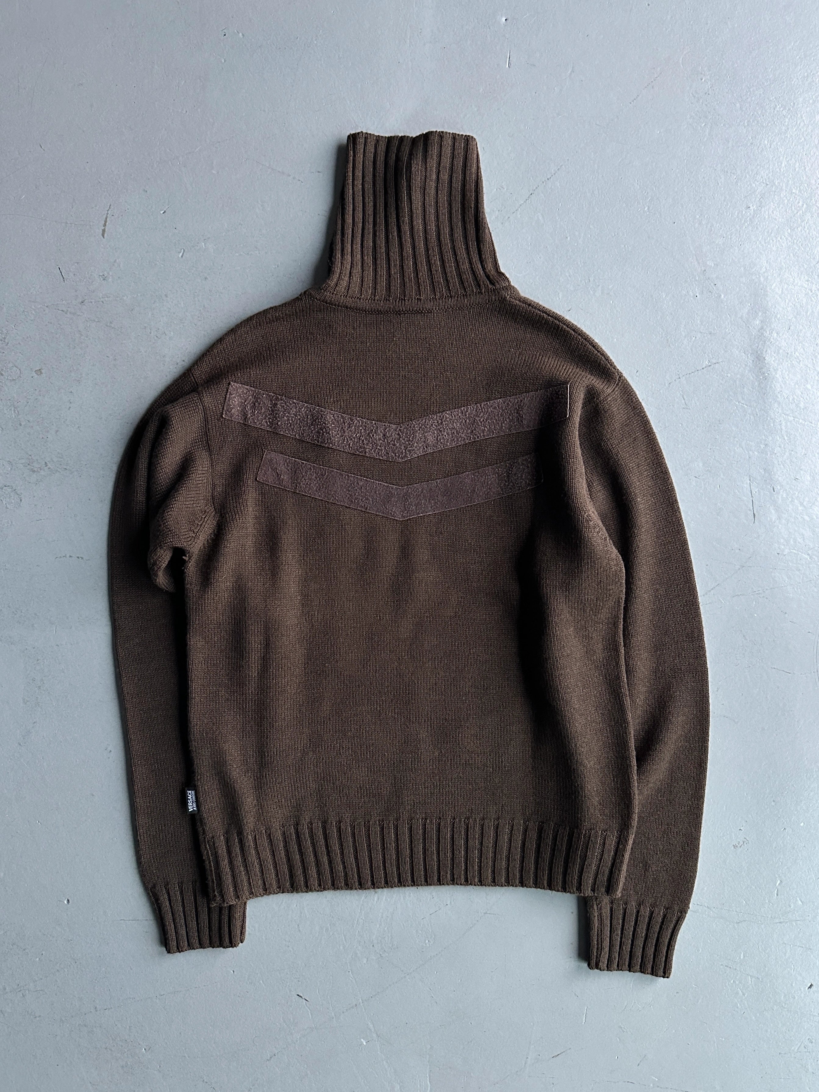 VERSACE - 2000s KNIT TURTLENECK TOP WITH CHEVRON BRUSHED LEATHER APPLIQUÉS