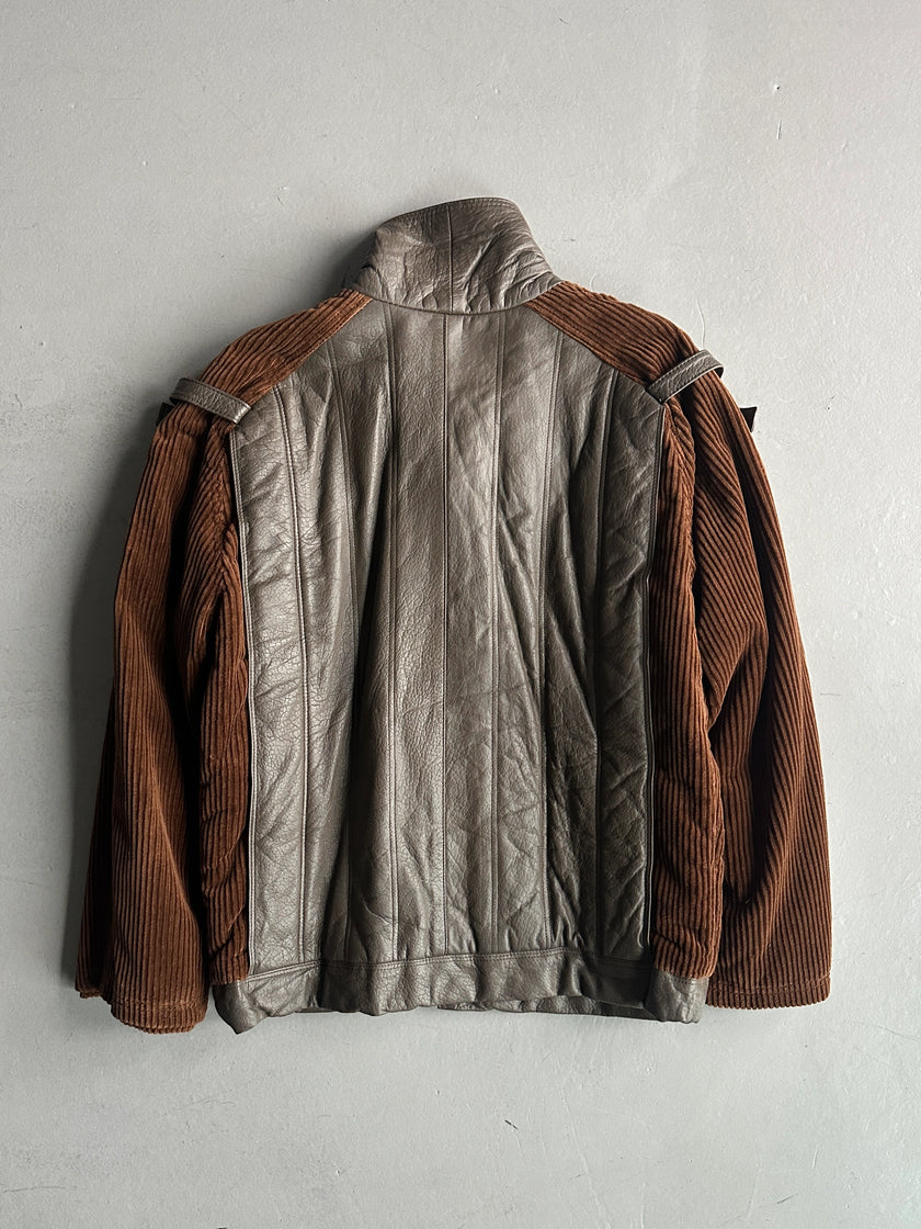 1980s OVERSIZED LEATHER BOMBER JACKET WITH CORDUROY SLEEVE