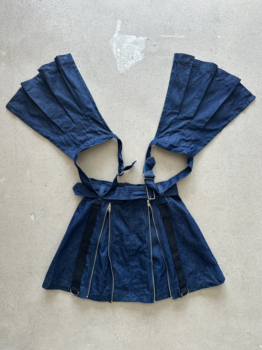 1990s DOUBLE FLAPPY LAYERED BONDAGE MULTI ZIP DENIM SKIRT