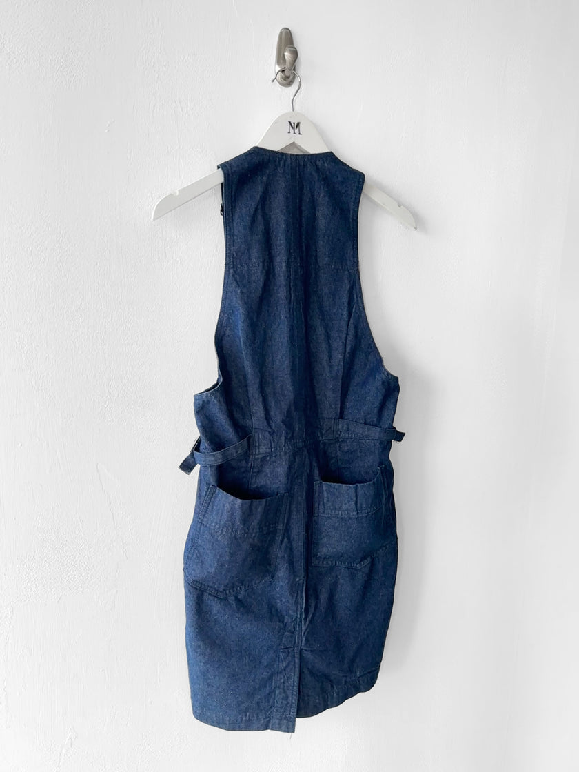 ISSEY MIYAKE PLANTATION - 1980s DENIM MINI DUNGAREE DRESS