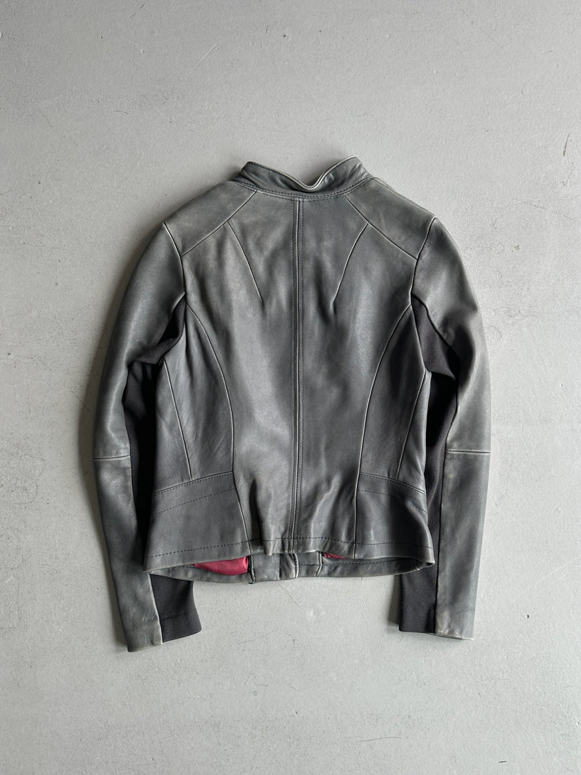 ELIE TAHARI - 2000s ASYMMETRIC RUCHED FRONT LEATHER JACKET