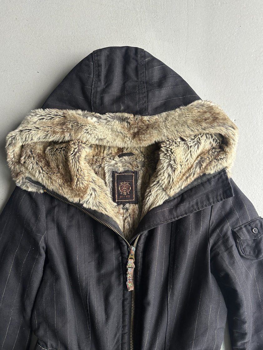 MARITHÉ + FRANÇOIS GIRBAUD - F/W 2005 LONG PINSTRIPE JACKET WITH FAUX FUR HOOD