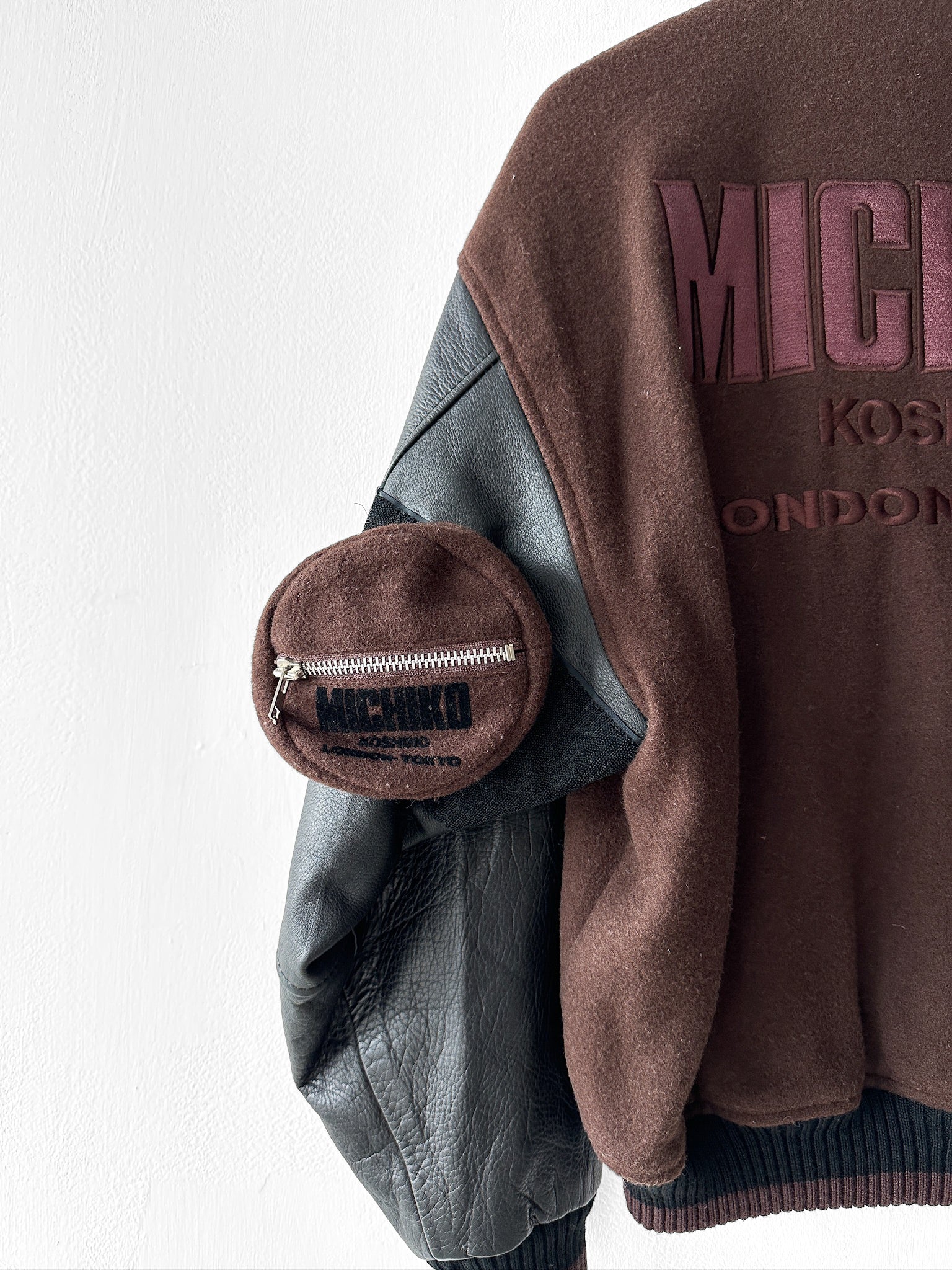 MICHIKO KOSHINO - 1990s BOMBER JACKET WITH CONTRASTING SLEEVE AND DETACHABLE POUCH POCKET