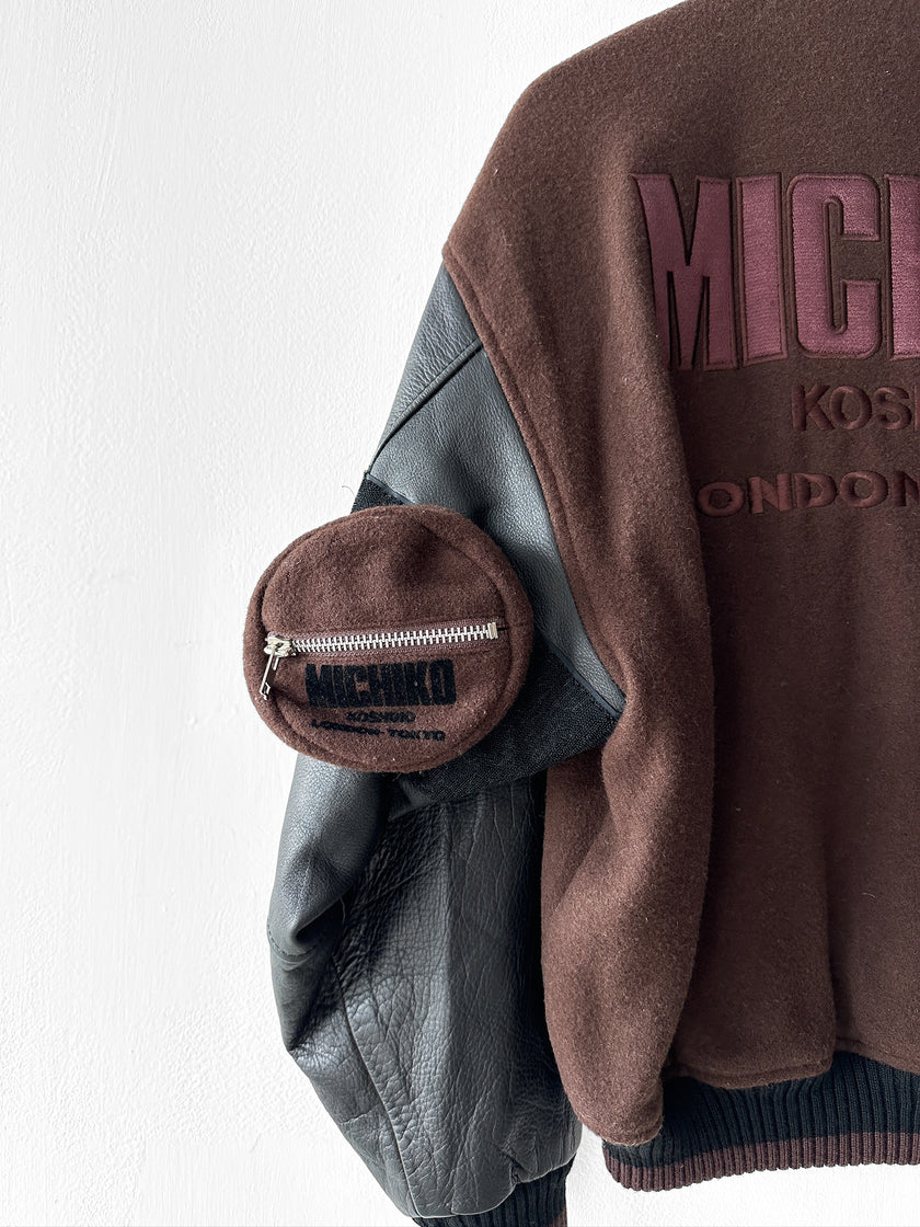 MICHIKO KOSHINO - 1990s BOMBER JACKET WITH CONTRASTING SLEEVE AND DETACHABLE POUCH POCKET