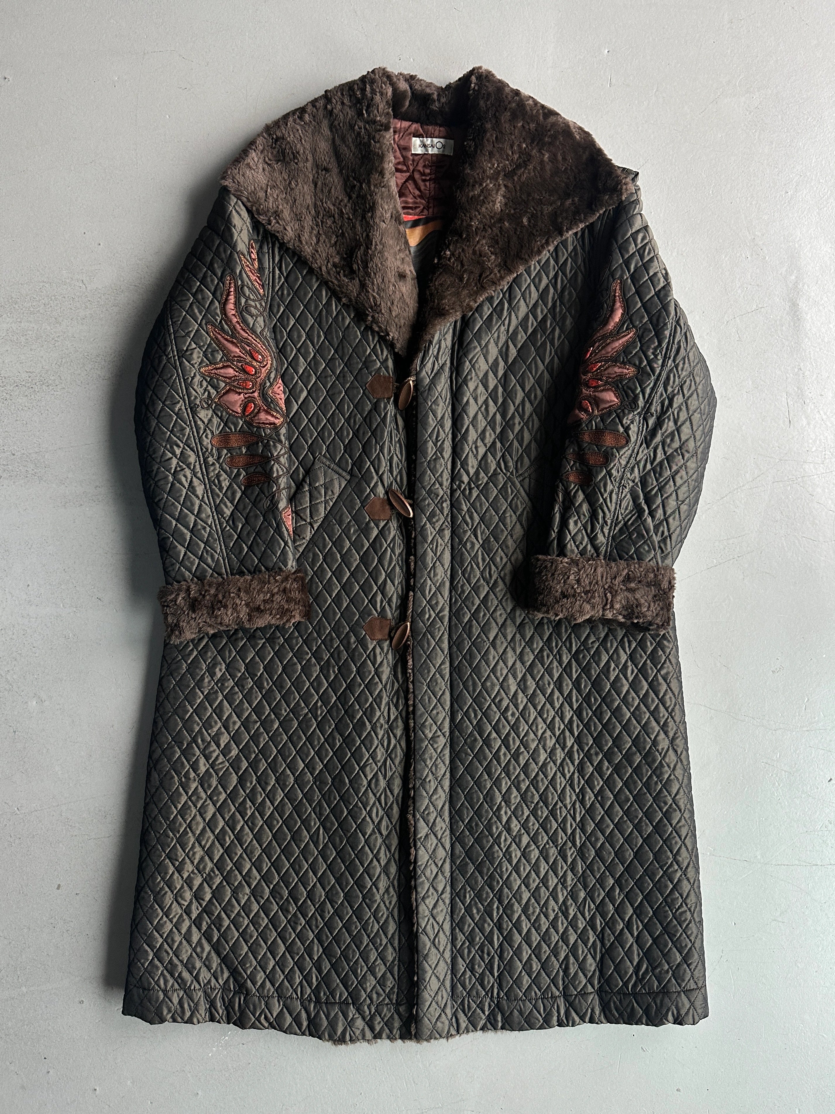 KANSAI YAMAMOTO - 1990s OVERSIZED QUILTED COAT WITH FUR COLLAR
