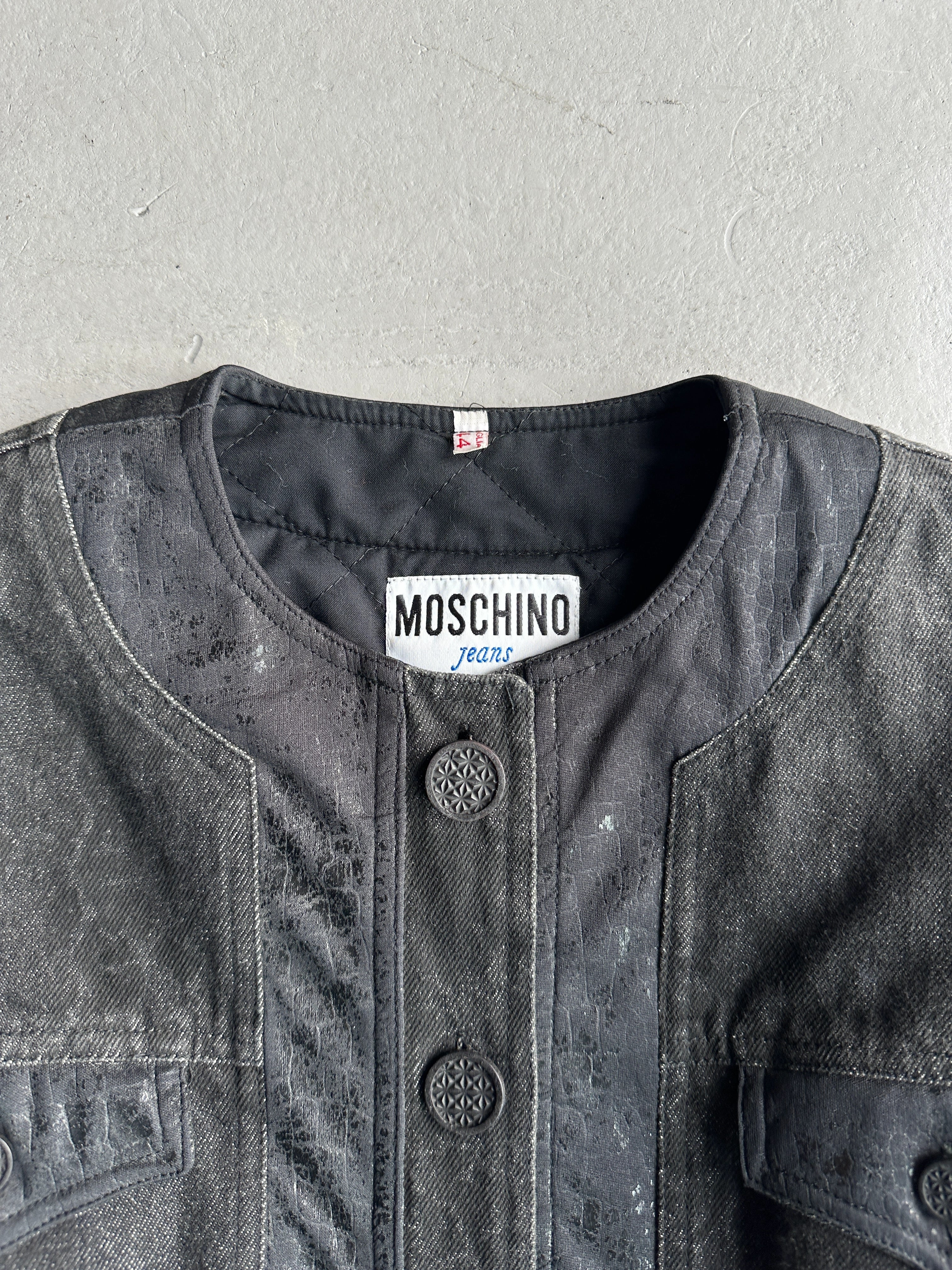 MOSCHINO - 1980s COLLARLESS CROP FIT PADDED DENIM JACKET