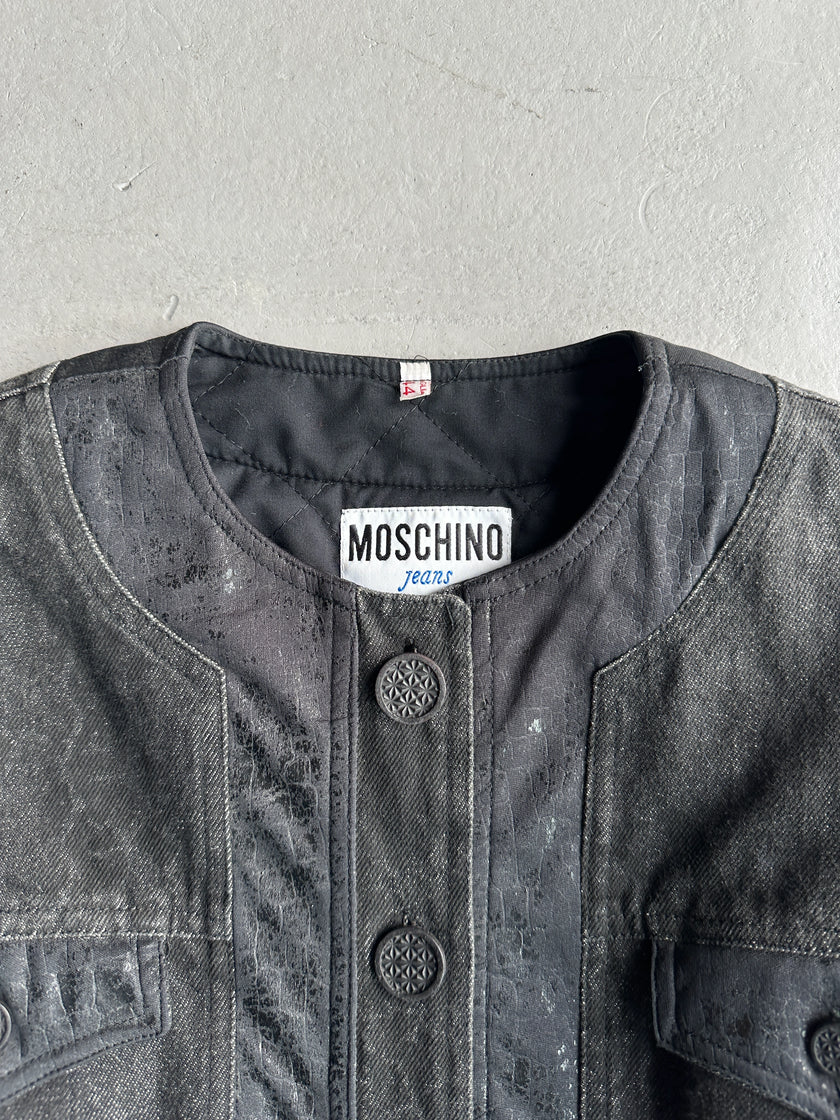 MOSCHINO - 1980s COLLARLESS CROP FIT PADDED DENIM JACKET