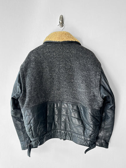 ITALIAN LABEL - 1980s PANELLED WOOL BOMBER JACKET WITH REMOVABLE SHEARLING COLLAR