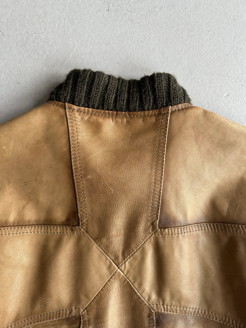 JOHN RICHMOND X - F/W 2005 LEATHER BIKER JACKET WITH KNITTED COLLAR