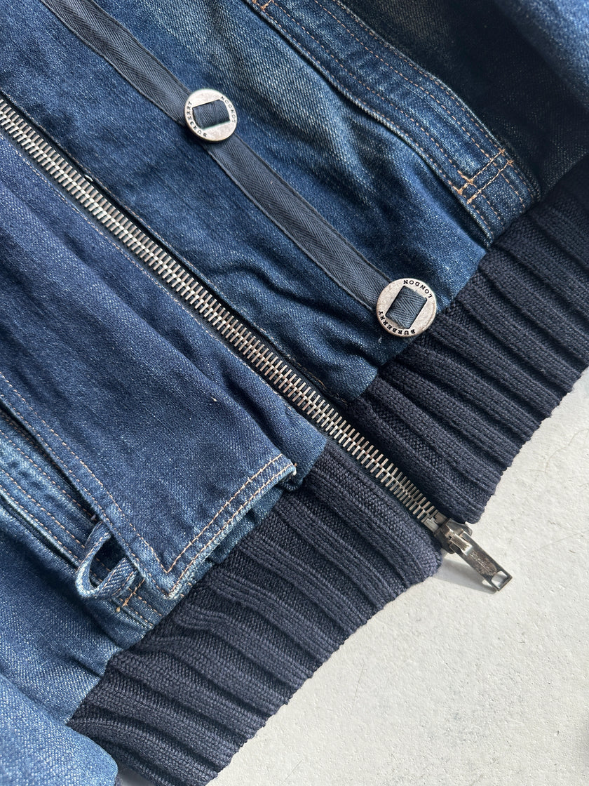 BURBERRY - 2000s DENIM BOMBER JACKET WITH KNITTED DETAILS