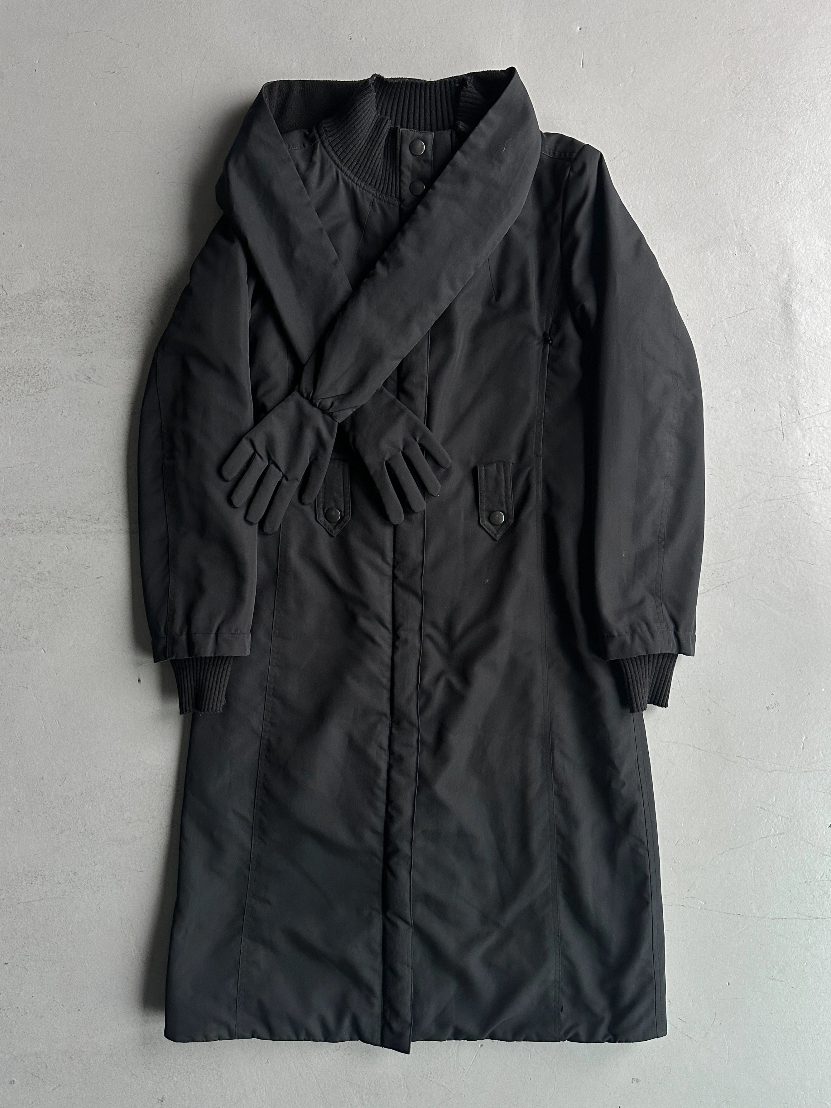 COP COPINE - early 2000s PADDED COAT WITH ZIPPED BACK AND GLOVES SCARF