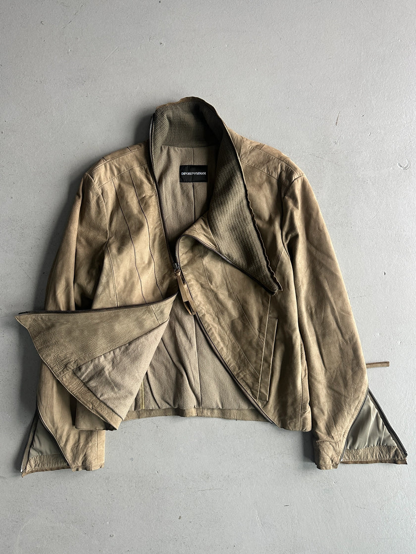 EMPORIO ARMANI - A/W 2011 ASYMMETRICAL ZIP FUNNEL NECK COLLAR CALF LEATHER JACKET