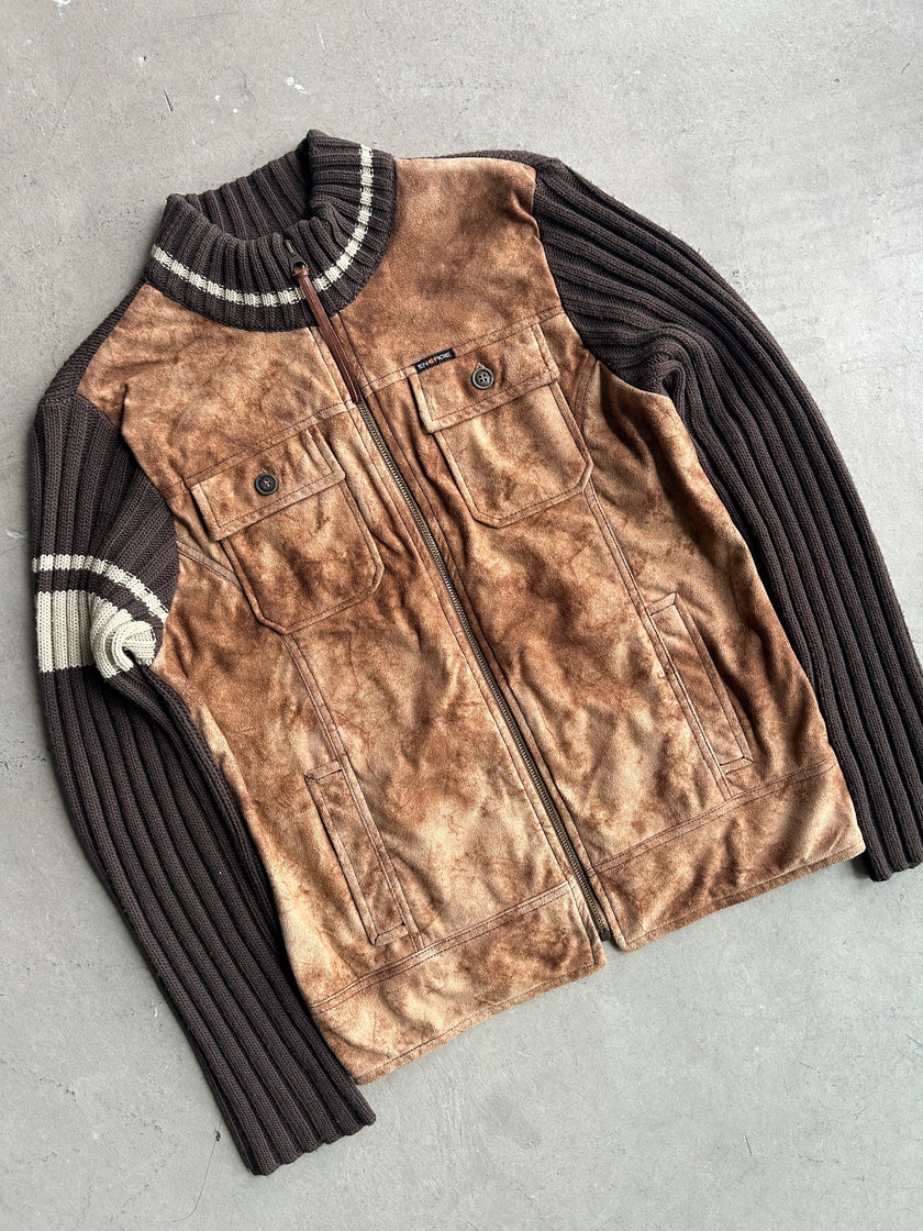 ENERGIE - 2000s SUEDE FRONT KNIT ZIPPED CARDIGAN