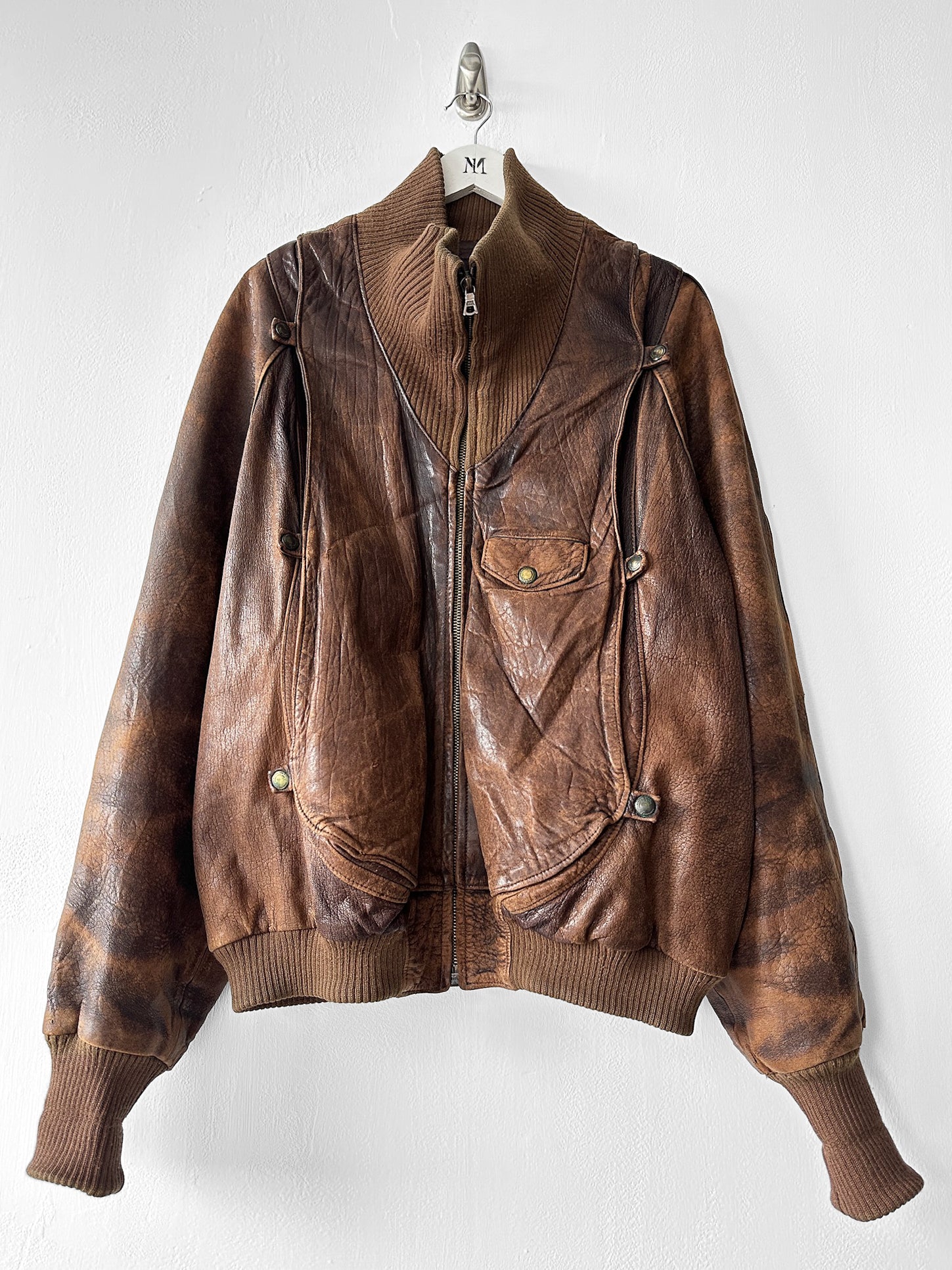 MARITHÉ & FRANÇOIS GIRBAUD X COMPAGNIE DES MONTAGNES & DES FORÊTS - 1980s DISTRESSED LEATHER BOMBER JACKET WITH HIGH RIBBED NECK