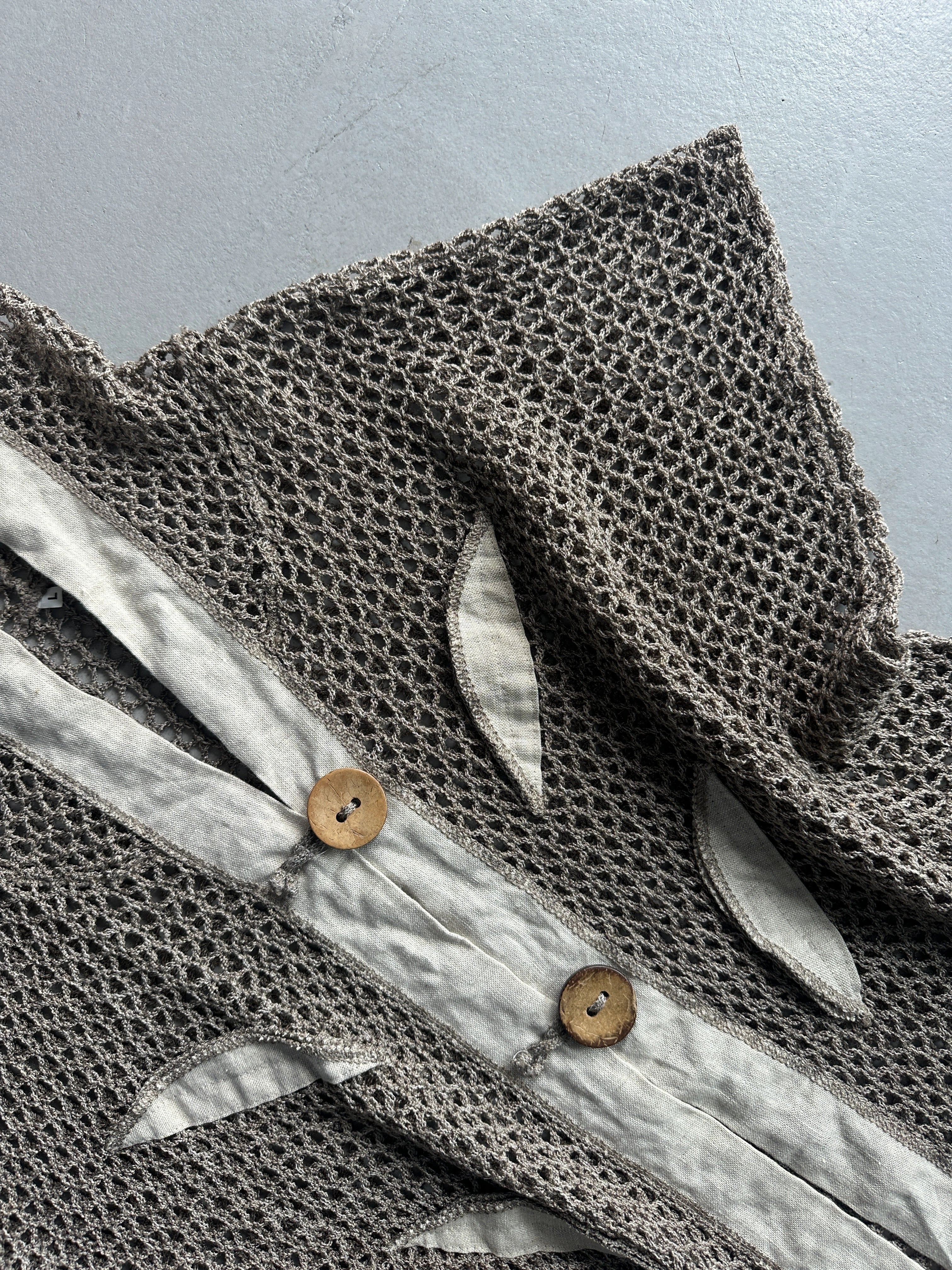 1990s OPEN KNIT HOODED CARDIGAN WITH LINEN DETAILS