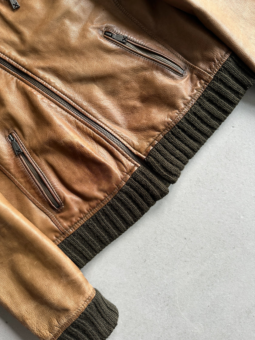 JOHN RICHMOND X - F/W 2005 LEATHER BIKER JACKET WITH KNITTED COLLAR