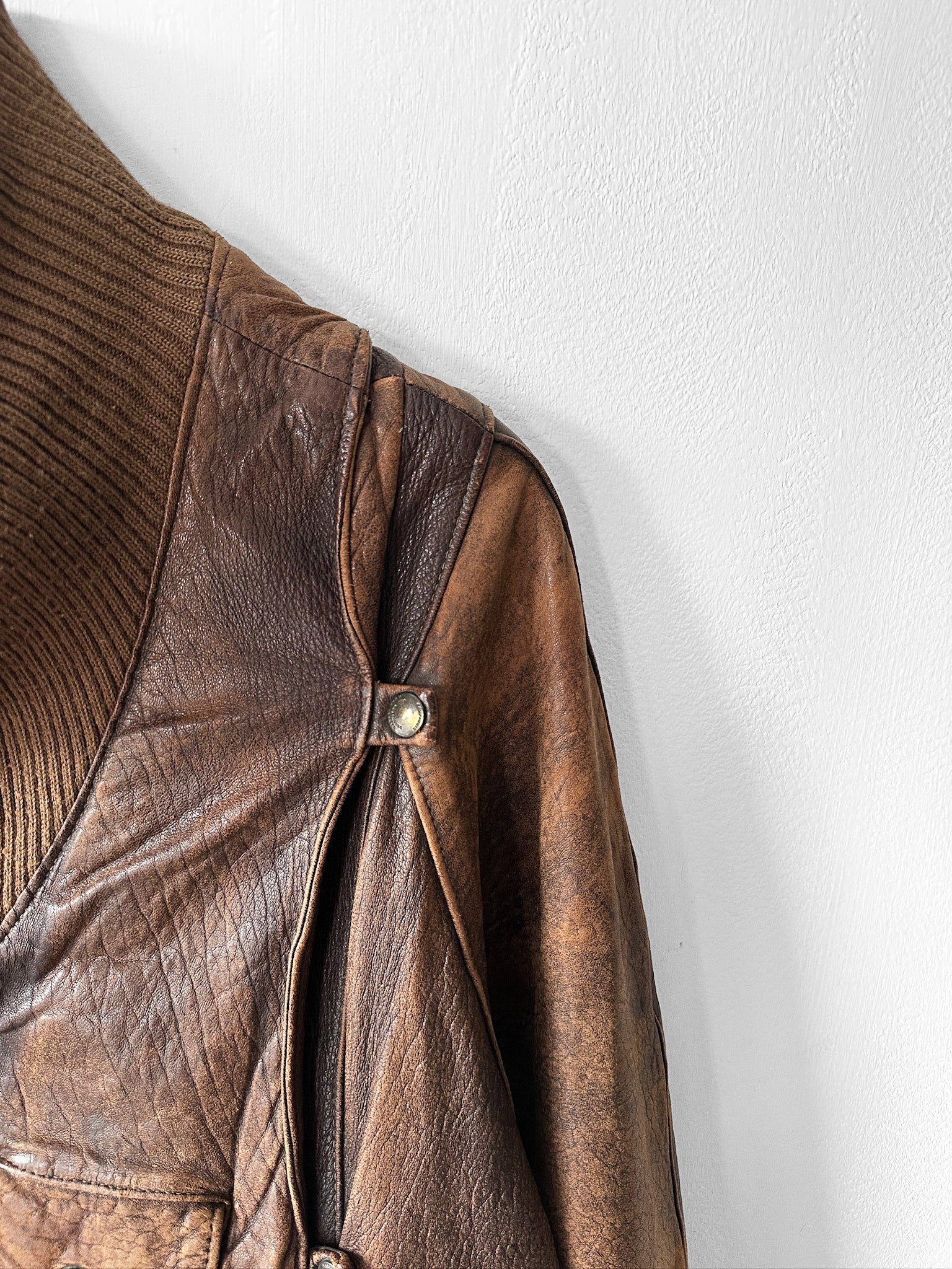 MARITHÉ & FRANÇOIS GIRBAUD X COMPAGNIE DES MONTAGNES & DES FORÊTS - 1980s DISTRESSED LEATHER BOMBER JACKET WITH HIGH RIBBED NECK