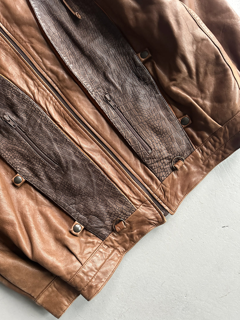 1990s PANELED BOMBER LEATHER JACKET WITH CROCODILE PRINT YOKE