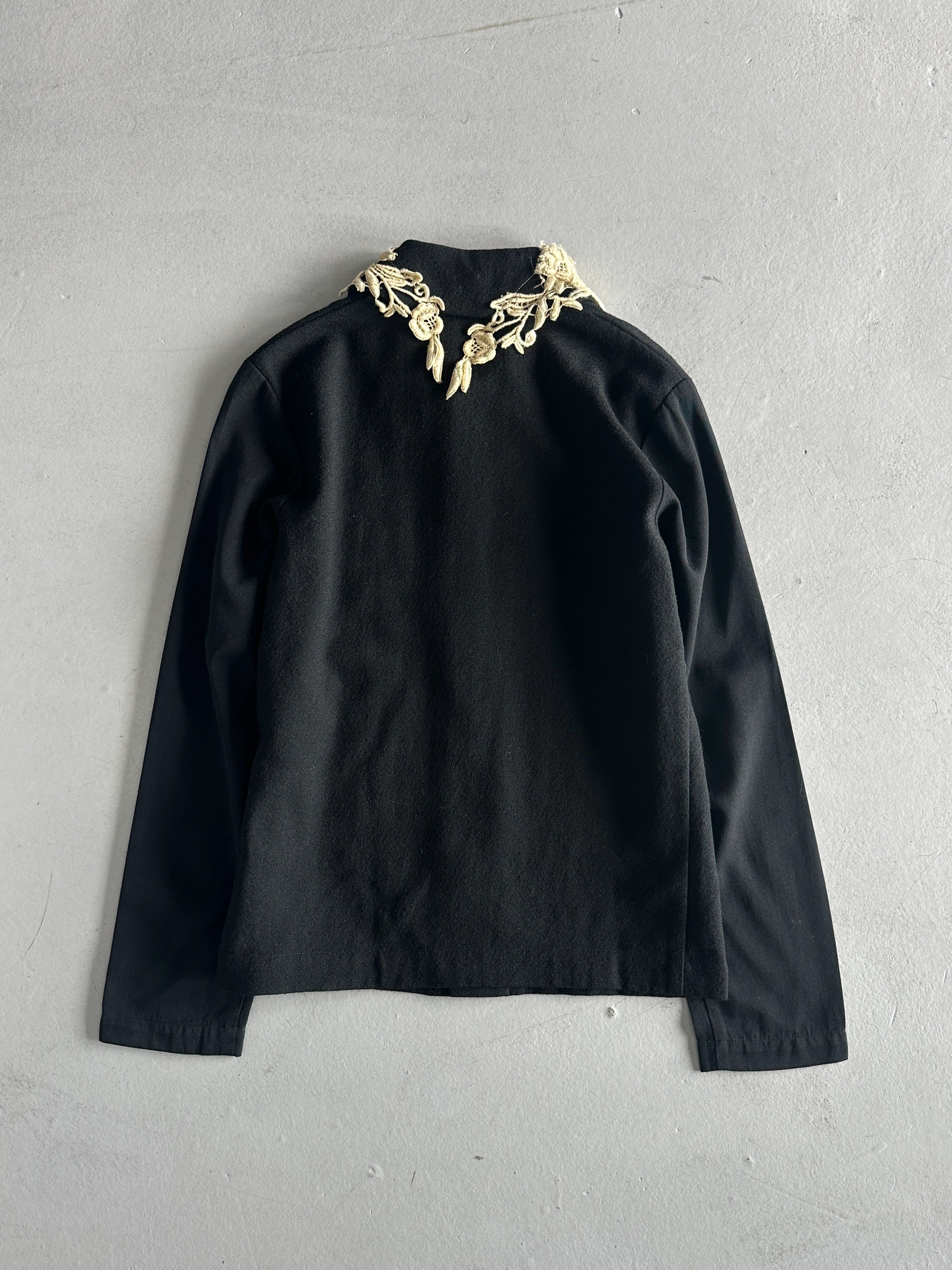 COMME DES GARÇONS - A/W 2002 WOOL JACKET WITH FLORAL ATTACHMENT AT COLLAR