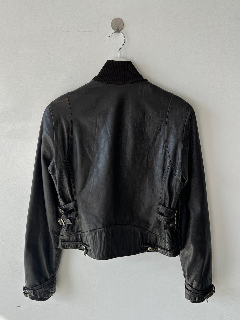 VERSACE - 2000s CROP FIT LEATHER JACKET WITH BONDAGE DETAILS