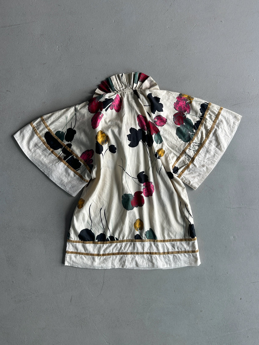 KENZO - 1990s FLORAL PRINT RUFFLED COLLAR SHORT SLEEVE TOP