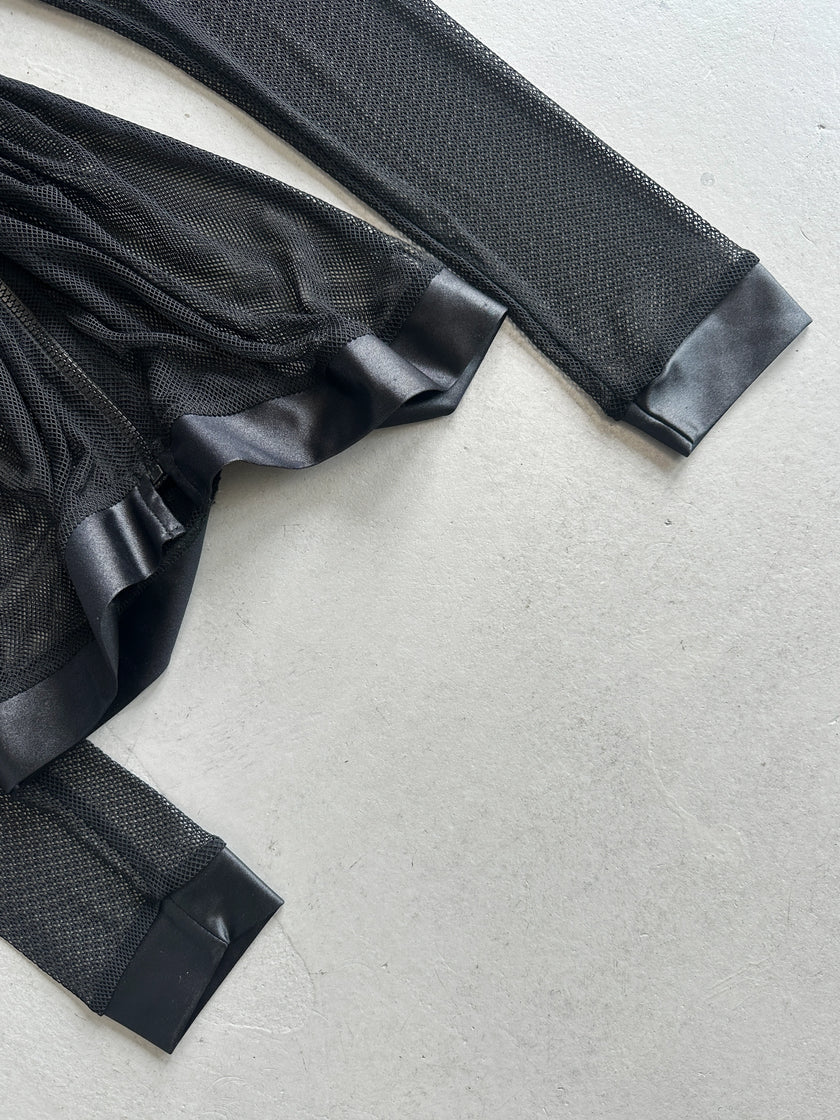 2000s ZIPPED MESH SHIRT WITH SATIN POINTED COLLAR