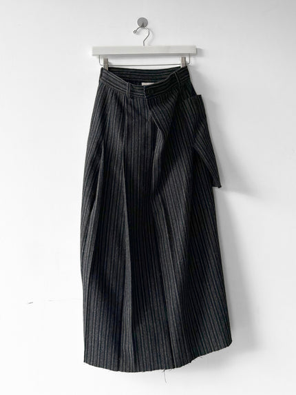 ISSEY MIYAKE HAI - 1980s PLEATED PINSTRIPED MAXI WOOL SKIRT WITH OVERSIZED POCKET
