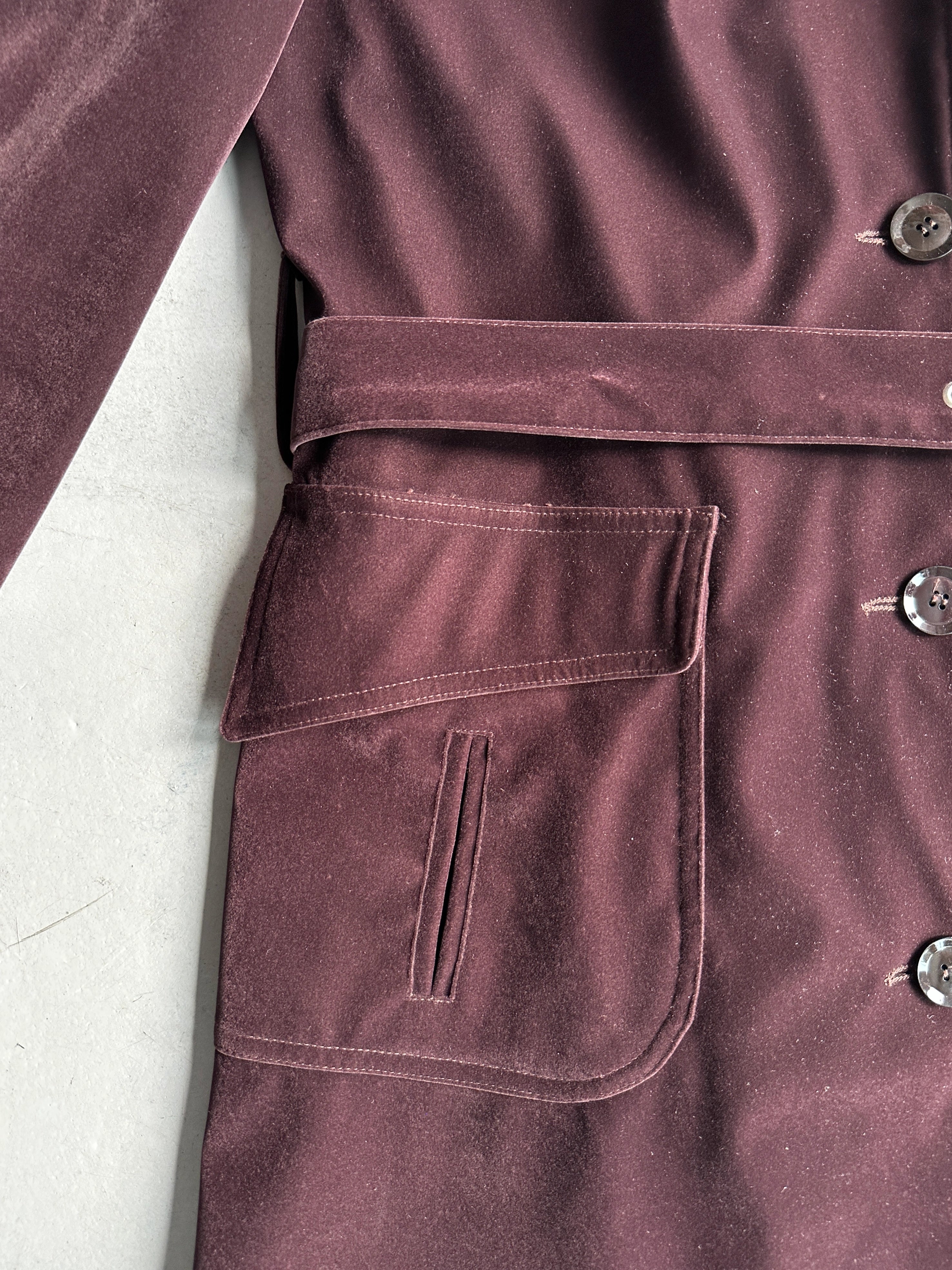 KATHARINE HAMNETT - 1990s VELVET BELTED TRENCH COAT