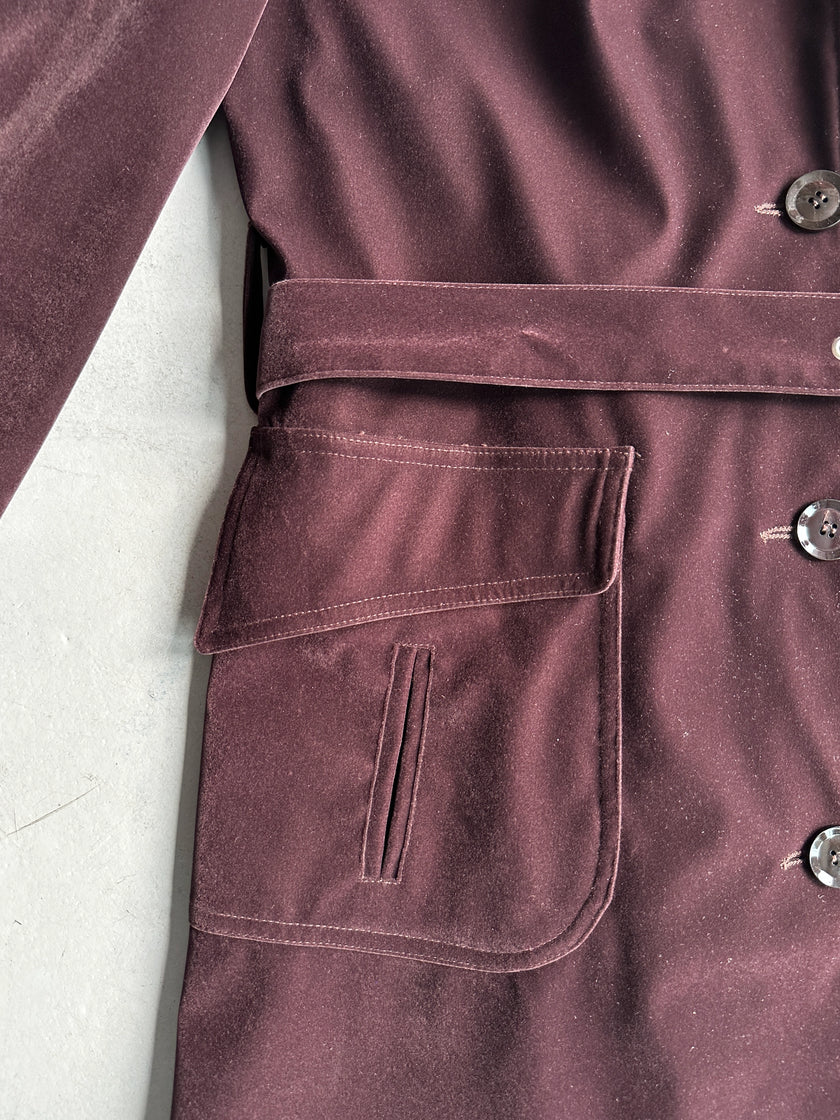 KATHARINE HAMNETT - 1990s VELVET BELTED TRENCH COAT