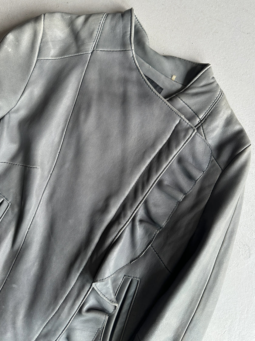 ELIE TAHARI - 2000s ASYMMETRIC RUCHED FRONT LEATHER JACKET