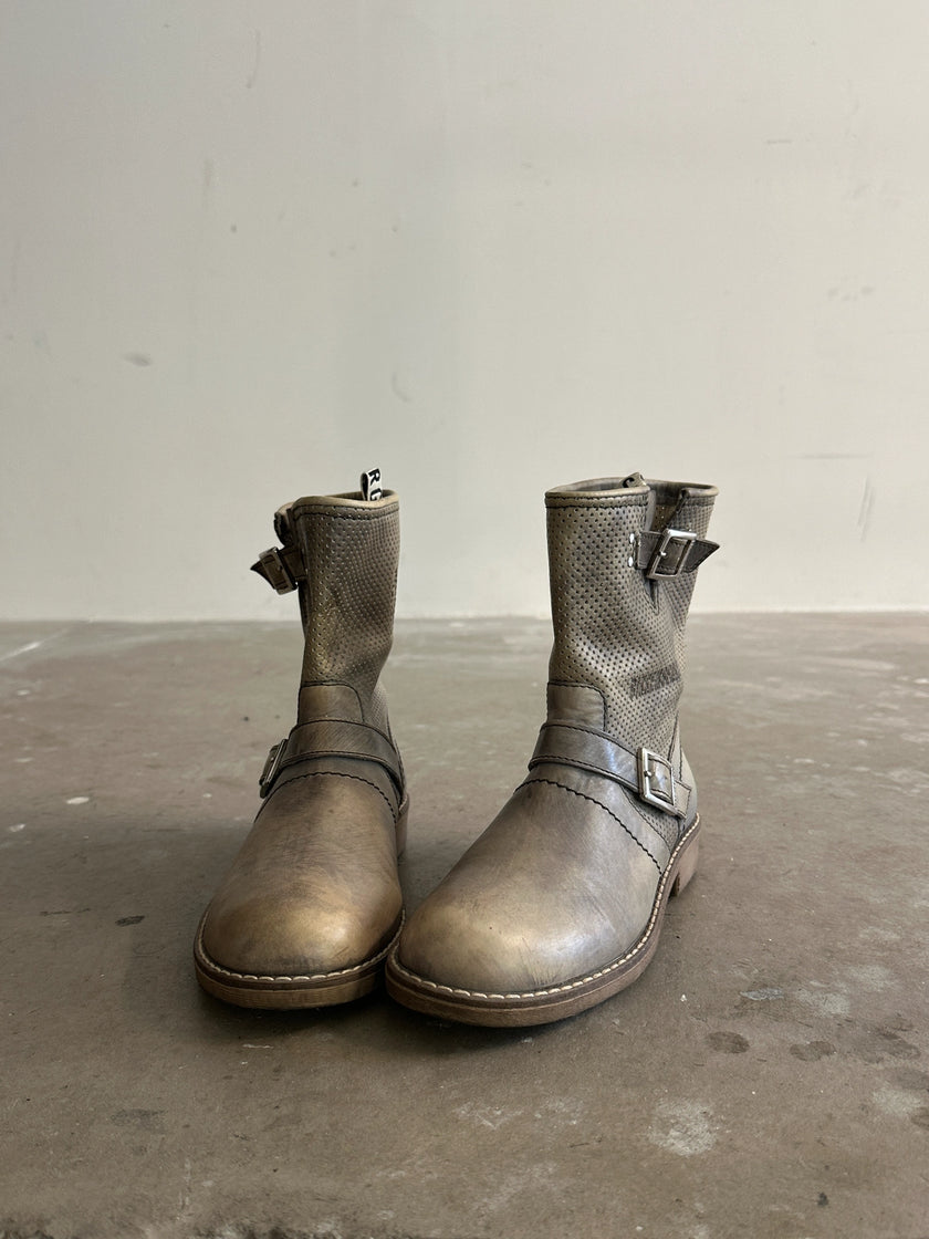 BIKKEMBERGS - 2000s PERFORATED DISTRESSED LEATHER ANKLE BOOTS